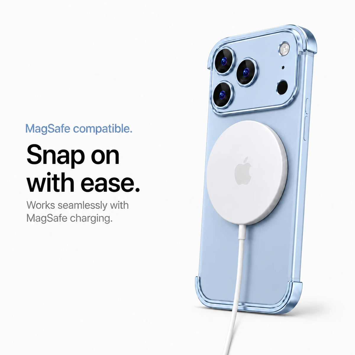 Glacier minimal metal phone case connected to a white wireless charging puck #color_Glacier