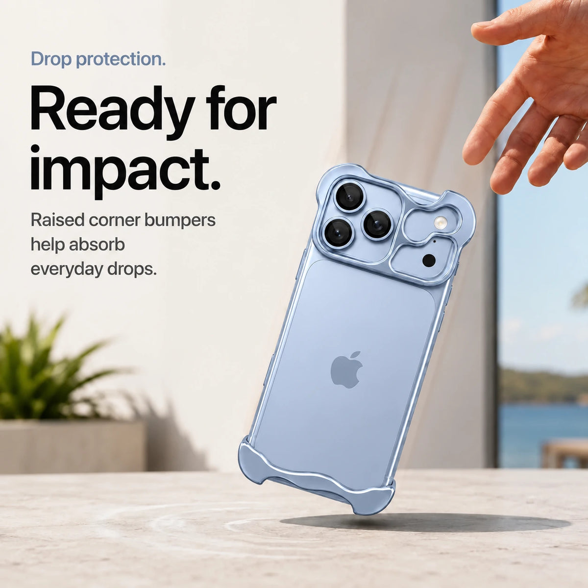 Light blue sculpted metal phone case demonstrating raised corner protection during a drop #color_Light Blue