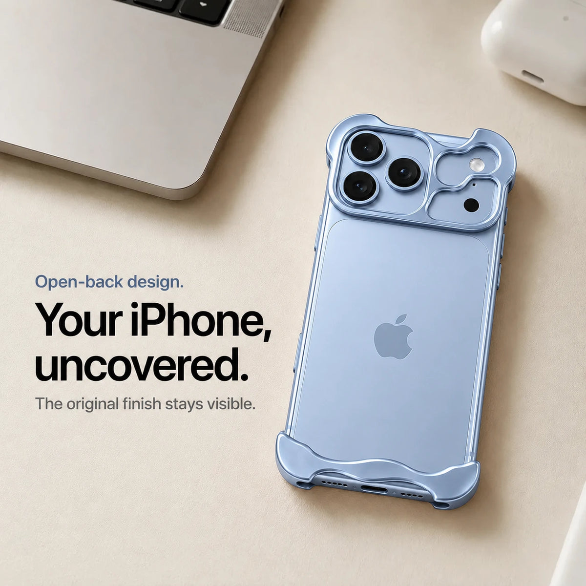 Light blue sculpted metal phone case on a desk showing the open back #color_Light Blue