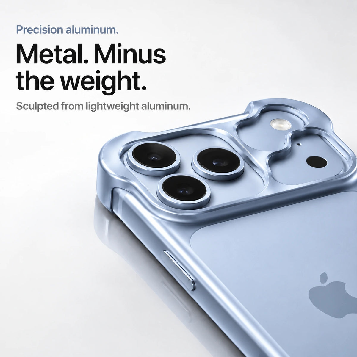 Light blue sculpted metal phone case showing a close view of its sculpted camera guard #color_Light Blue