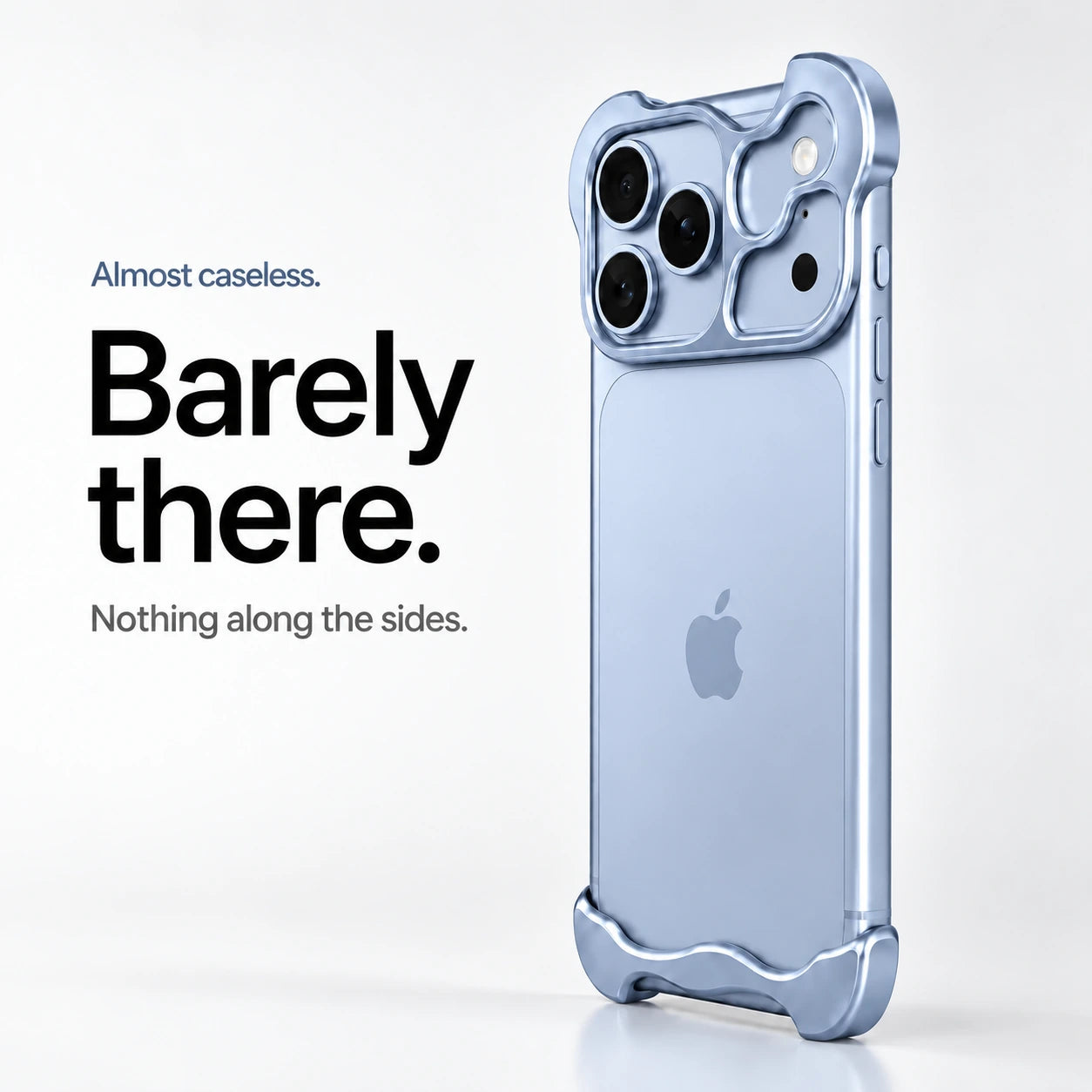 Light blue sculpted metal phone case standing upright showing its slim profile #color_Light Blue