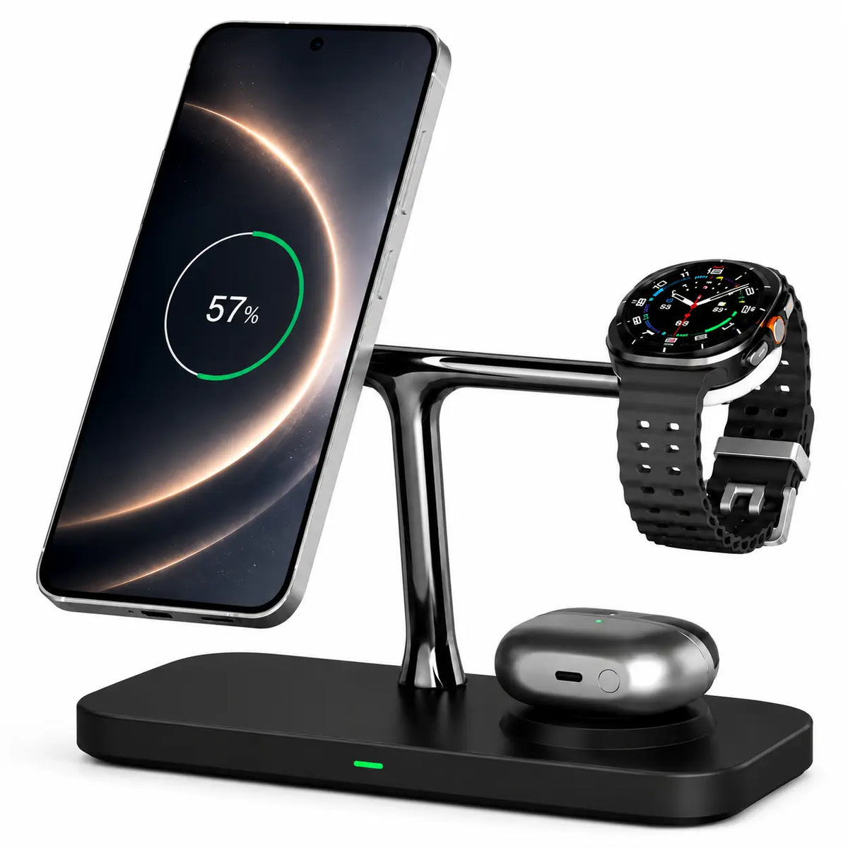 Midnight Black three device wireless charging dock with phone watch and earbuds #color_Midnight Black