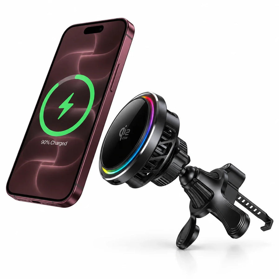 Black magnetic wireless car charger with active cooling and a phone approaching the charging pad.