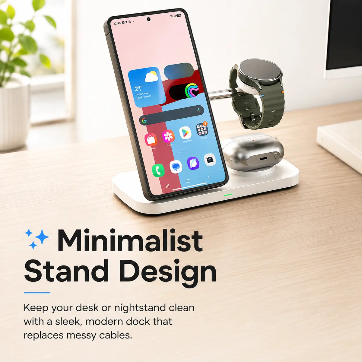 Arctic White three device wireless charging dock on a minimalist desk #color_Arctic White