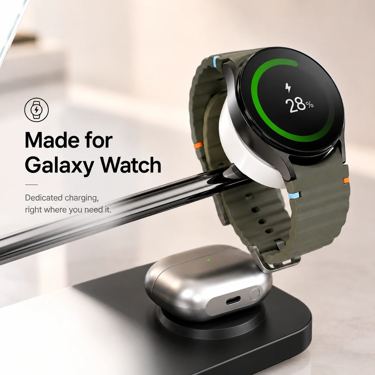 Midnight Black three device wireless charging dock with a dedicated watch charging arm #color_Midnight Black