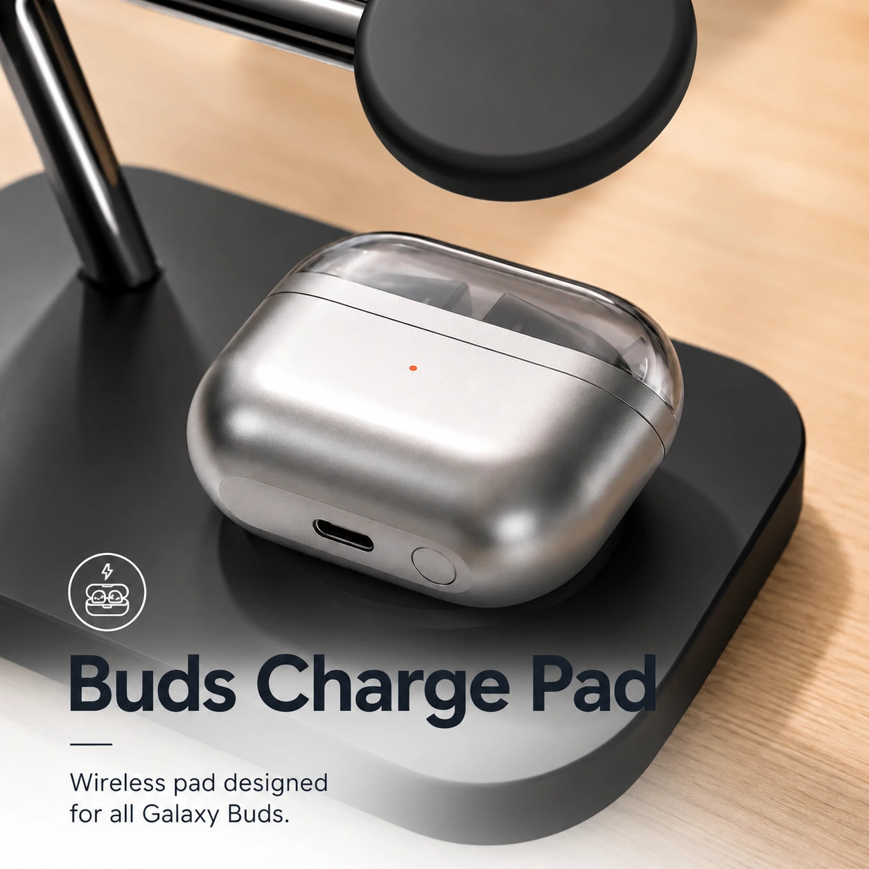 Midnight Black three device wireless charging dock with an earbud charging pad #color_Midnight Black