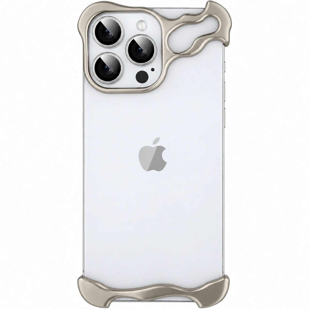 Natural titanium sculpted metal phone bumper around a pale triple camera phone #color_Natural Titanium