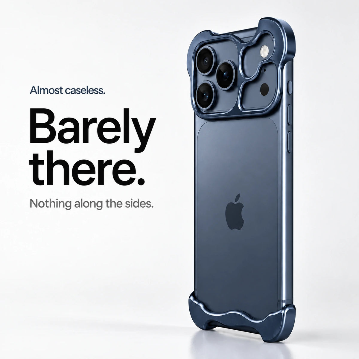 Navy blue sculpted metal phone case standing upright showing its slim profile #color_Deep Blue