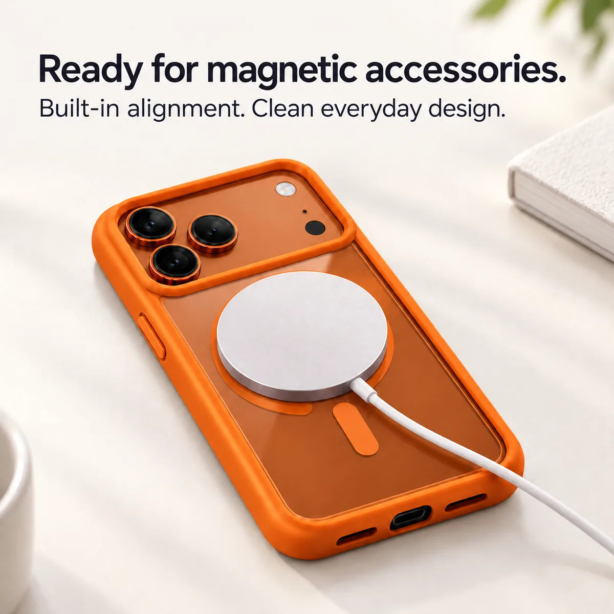 Orange clear back phone case with a round magnetic charging puck attached. #color_Cosmic Orange