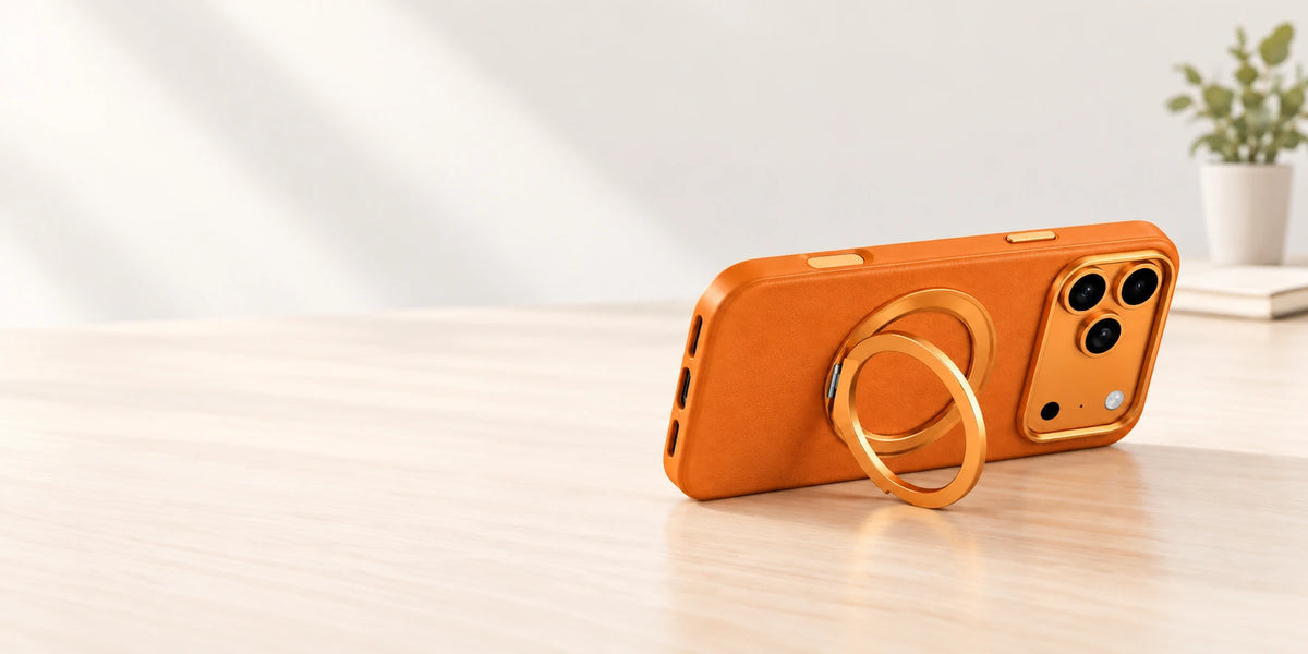 Phone case resting in landscape with its original ring supporting it from the side.