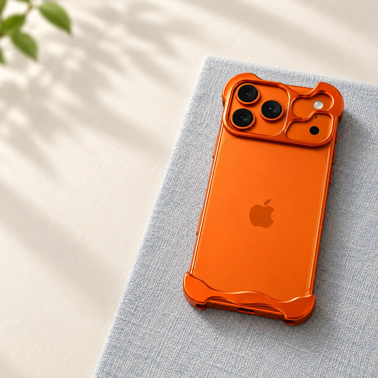 Rear view of an orange phone with metal camera and corner guards resting on pale fabric.