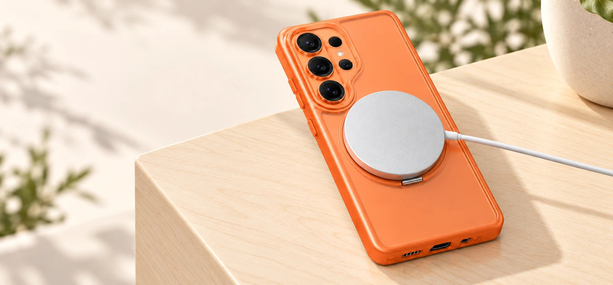 Correctly sized magnetic charging puck aligned with the closed ring on an orange Samsung case.
