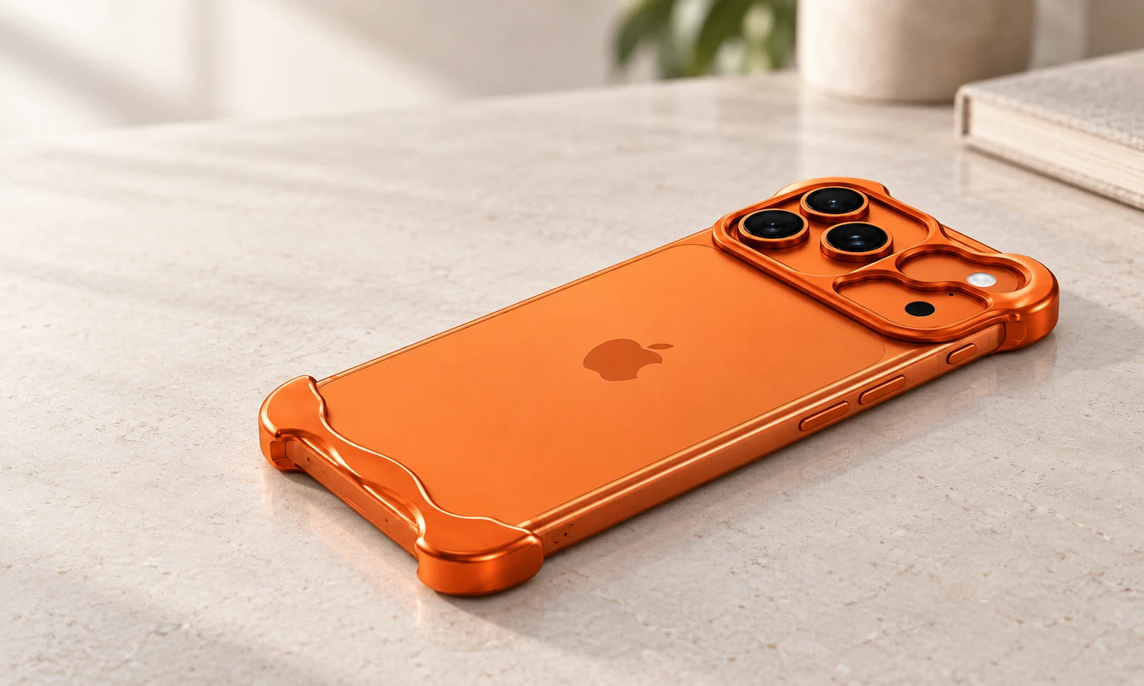 Orange metal bumper phone case lying on a stone surface, showing its slim side profile.