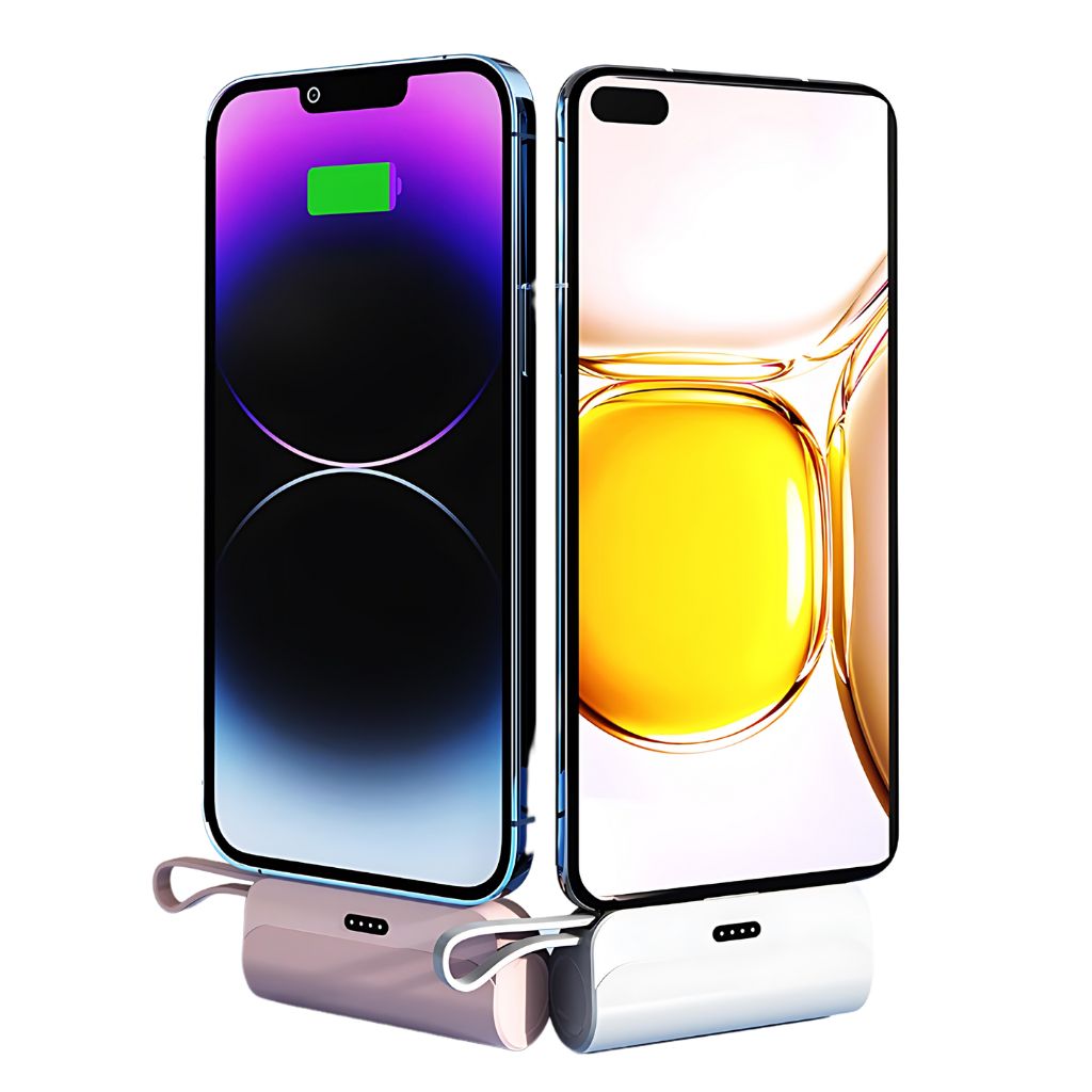 PowerBank Mini portable charger in multiple colors and capacities, compatible with USB-C and Lightning devices for Android and Apple, featuring a compact, lipstick-sized design with dual charging capability.