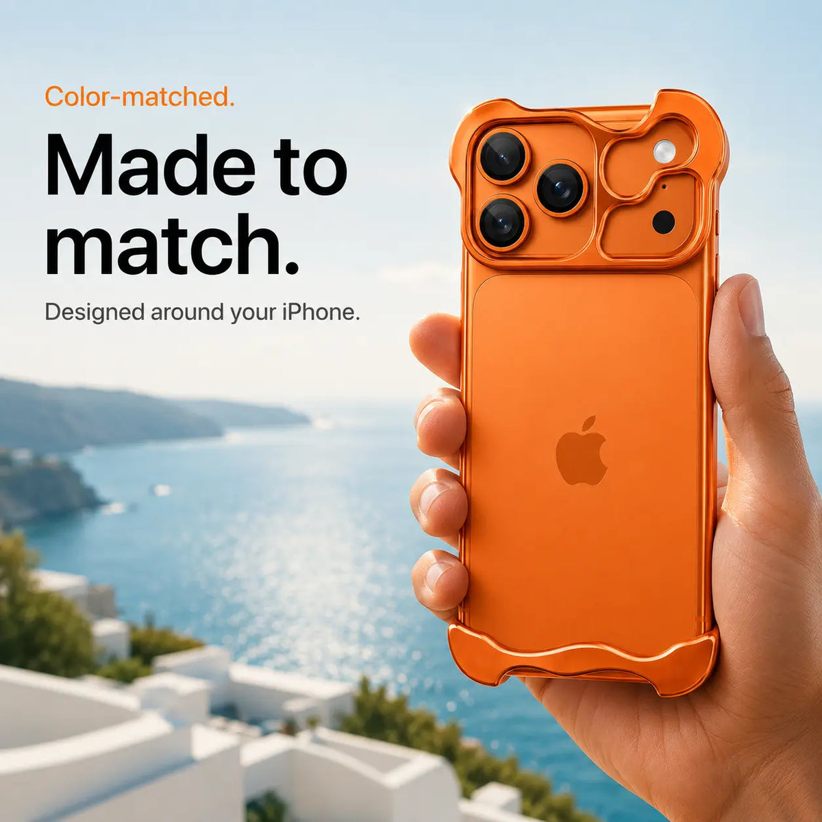 Orange sculpted phone case held above a coastal view #color_Cosmic Orange