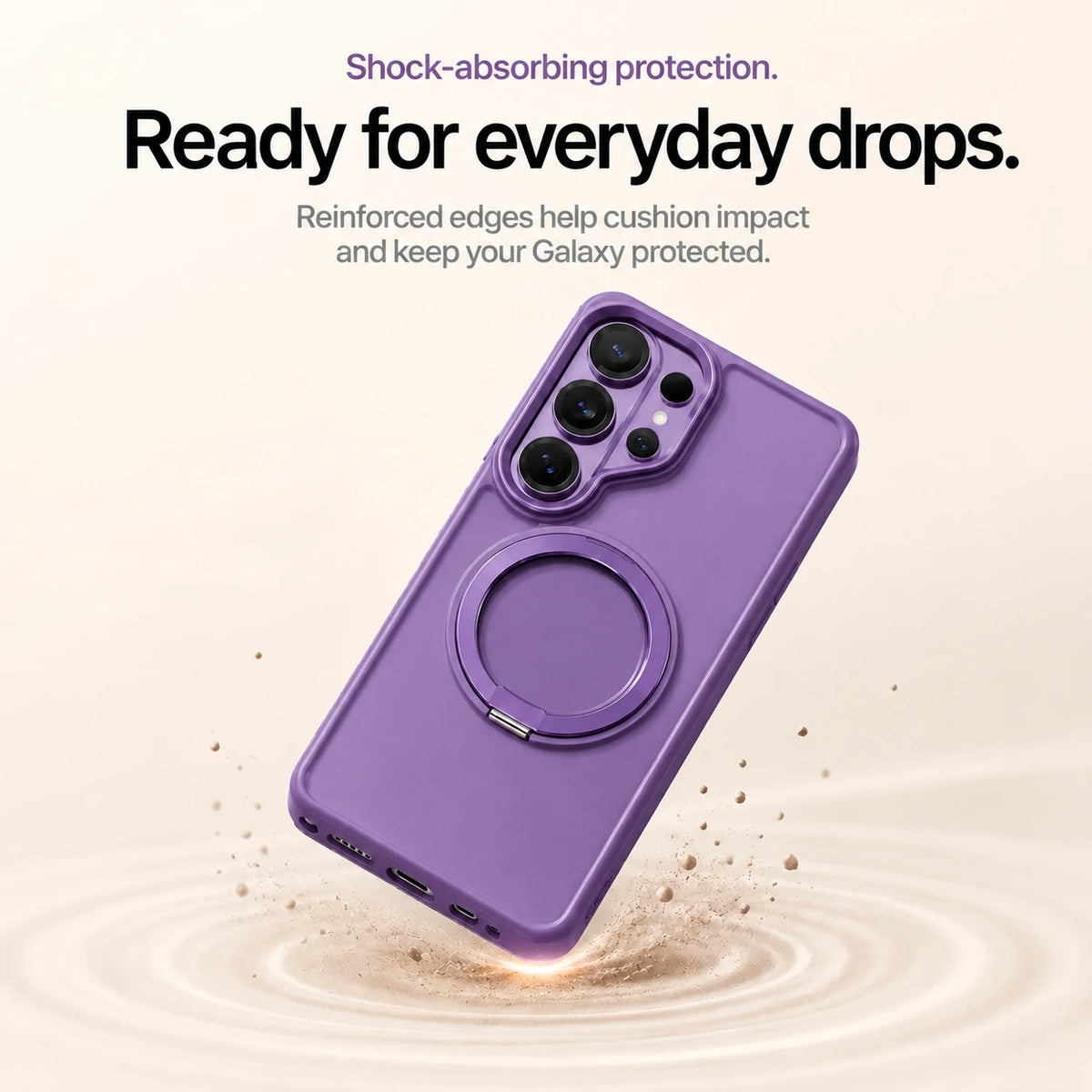 Purple ring stand phone case shown with reinforced edges in a drop scene #color_Lavender Purple