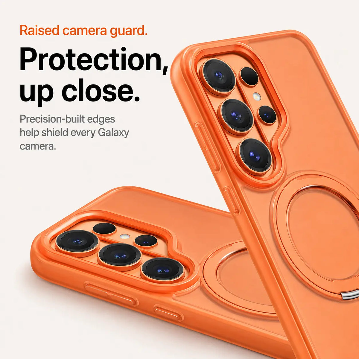 Orange magnetic phone cases shown close-up around the raised camera guards #color_Cosmic Orange