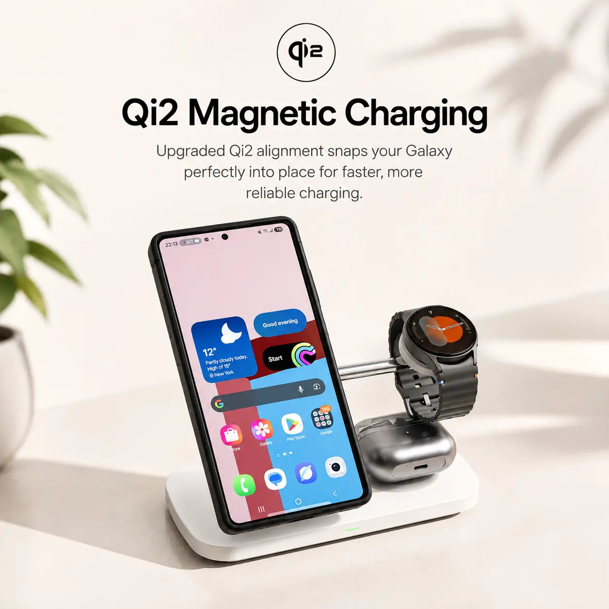 Arctic White three device wireless charging dock holding a phone magnetically #color_Arctic White