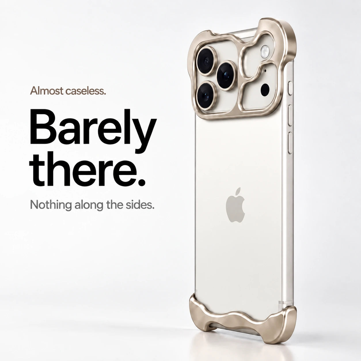 Sand gold sculpted metal phone case standing upright showing its slim profile #color_Desert Gold