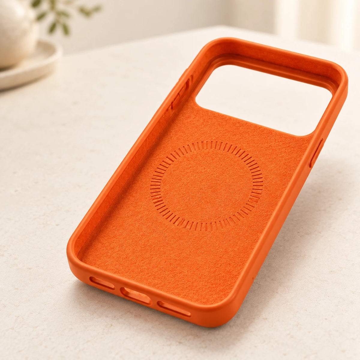 Inside of an empty orange silicone phone case showing its soft textured lining.