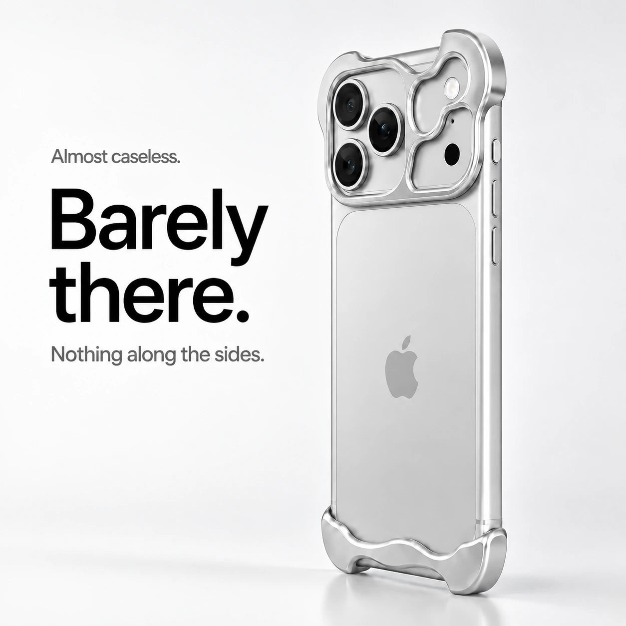 Silver sculpted metal phone case standing upright showing its slim profile #color_Titanium Silver
