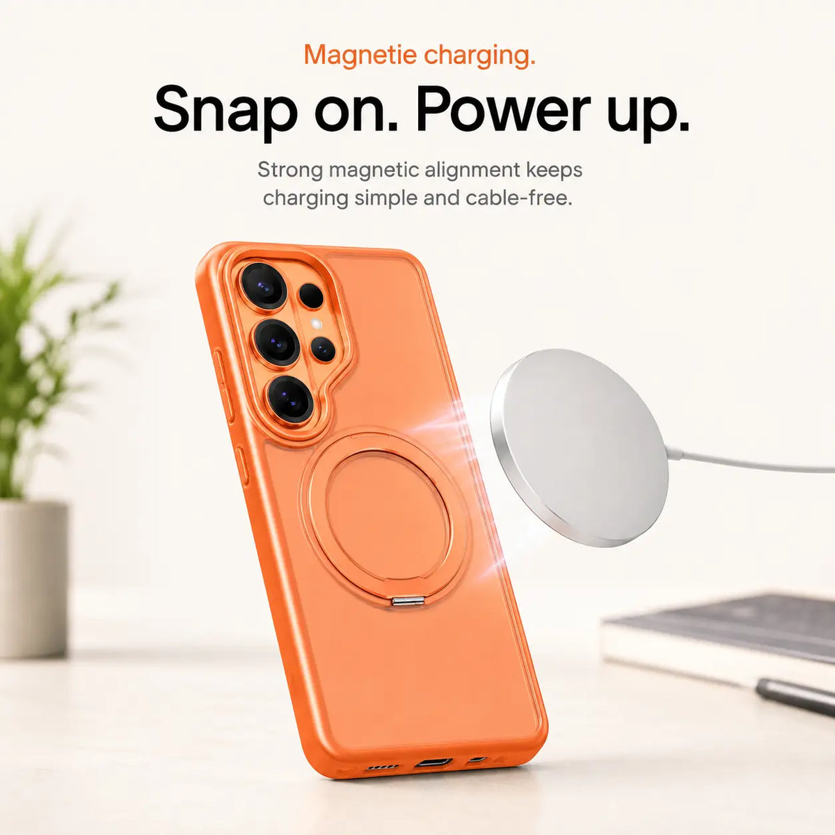 Orange magnetic phone case aligned with a white wireless charging puck #color_Cosmic Orange