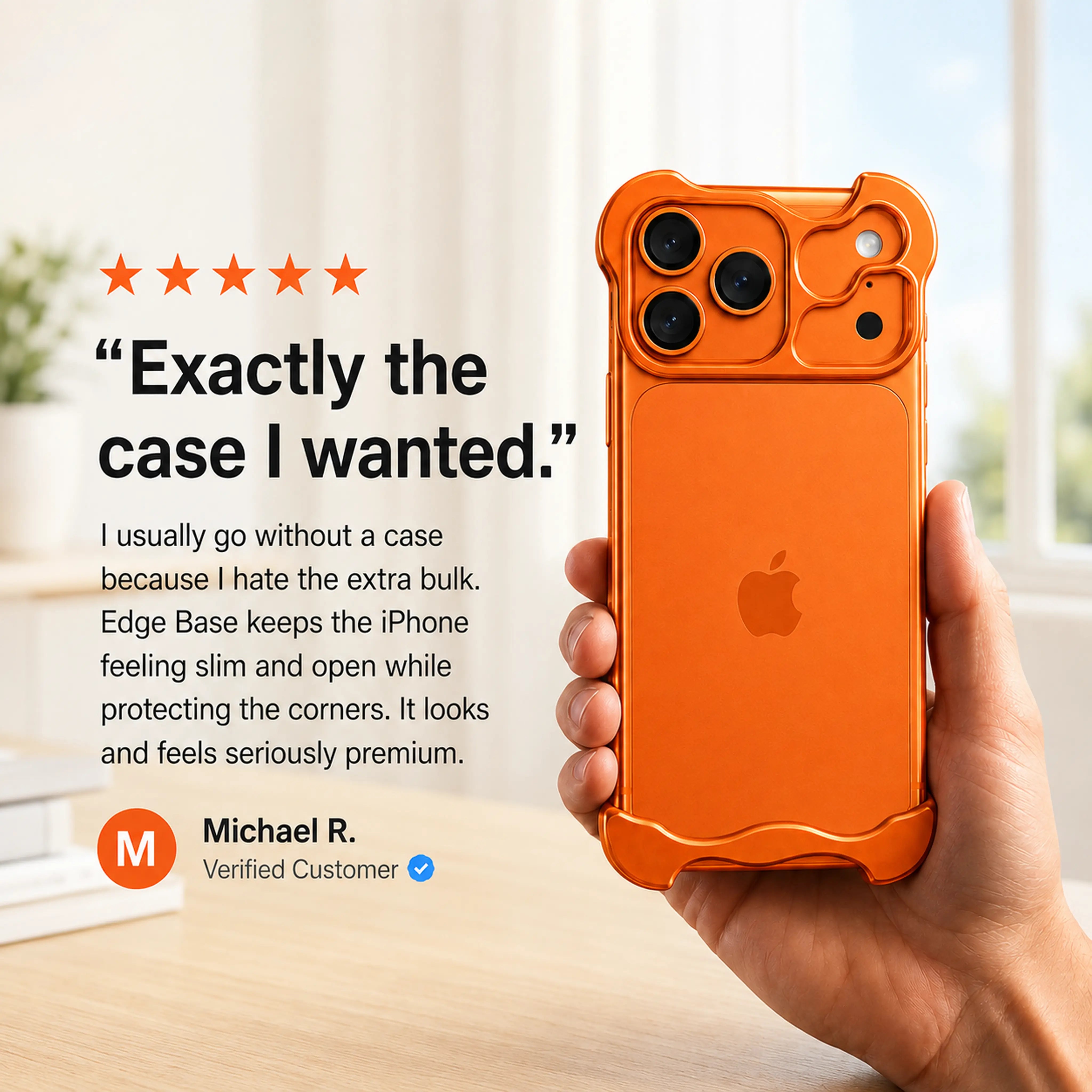 Orange sculpted phone case held beside a customer review graphic #color_Cosmic Orange