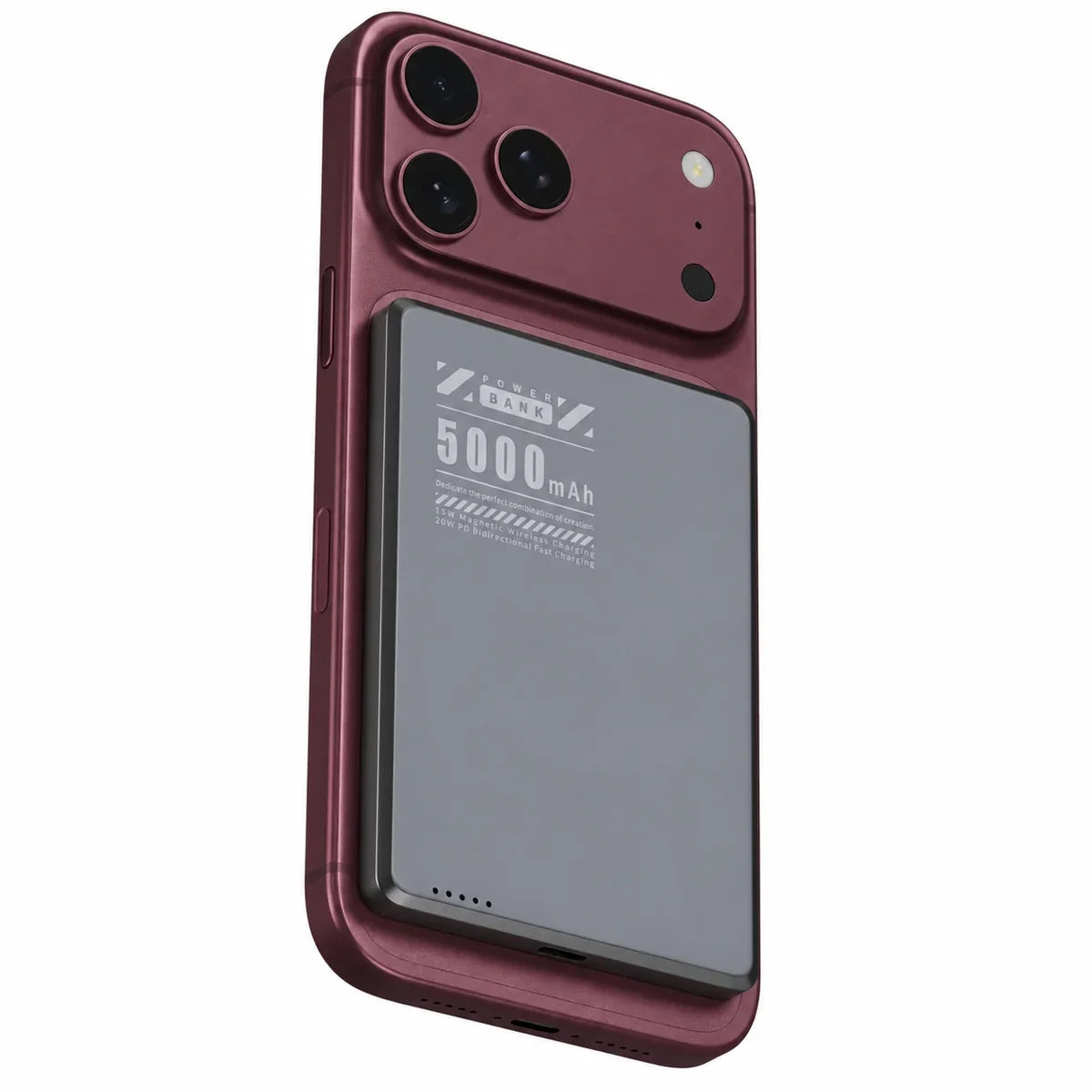 Midnight Black slim magnetic power bank on a Burgundy phone with a compact battery. #color_Midnight Black