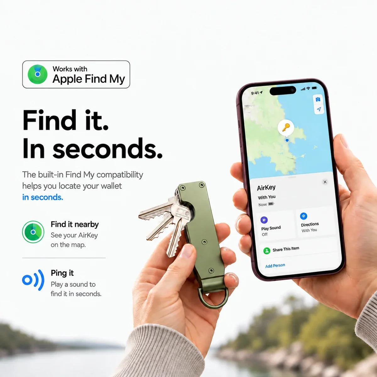 Spring Green tracking key organizer being located using Find My on a Burgundy iPhone. #color_Spring Green