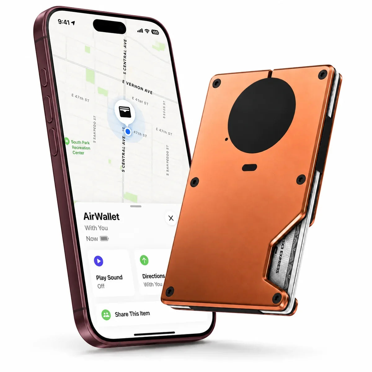 Cosmic Orange tracker wallet beside a Burgundy iPhone showing the wallet location in Find My. #color_Cosmic Orange