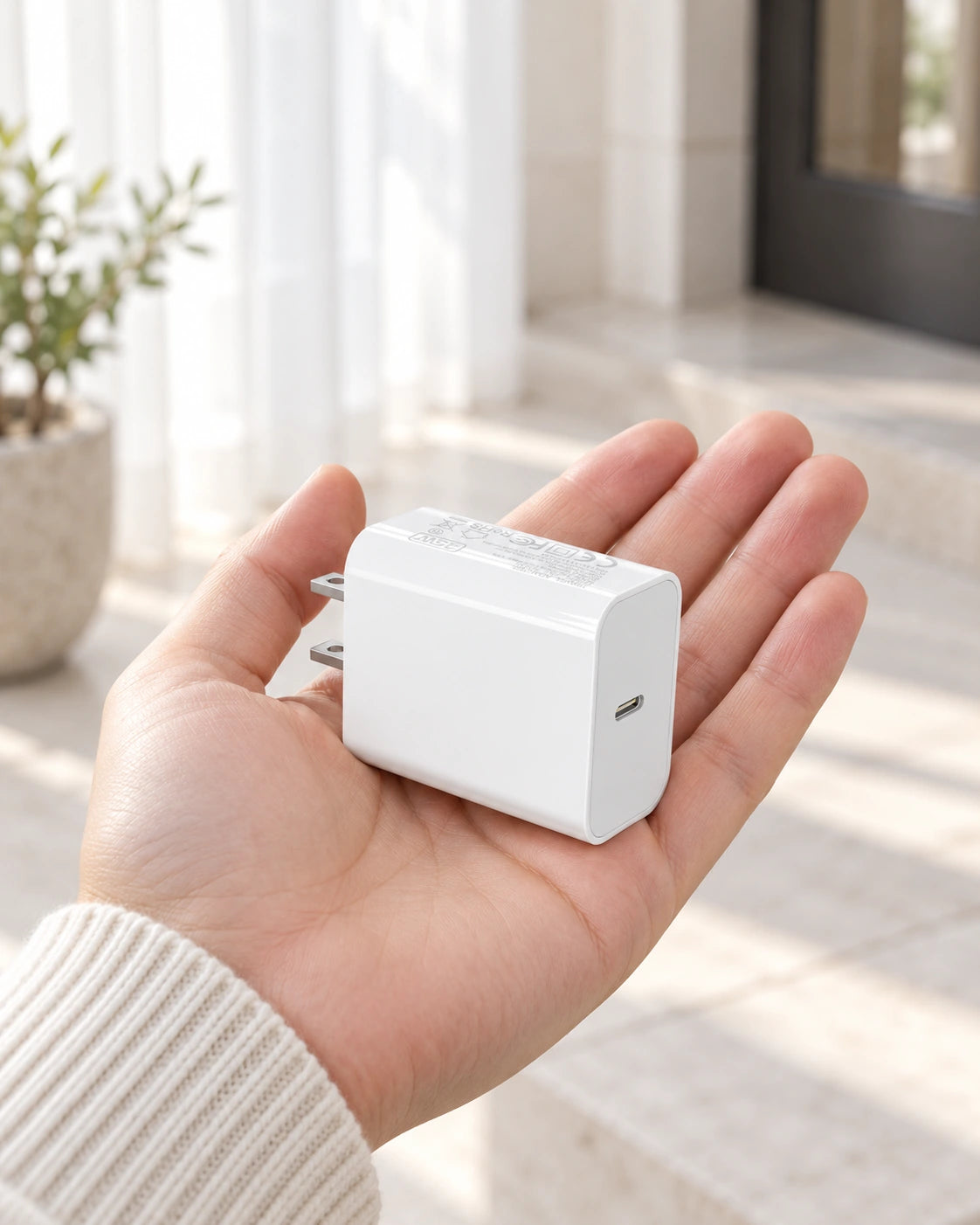 Compact white USB-C power adapter resting in a hand, showing its actual scale and flat US blades.