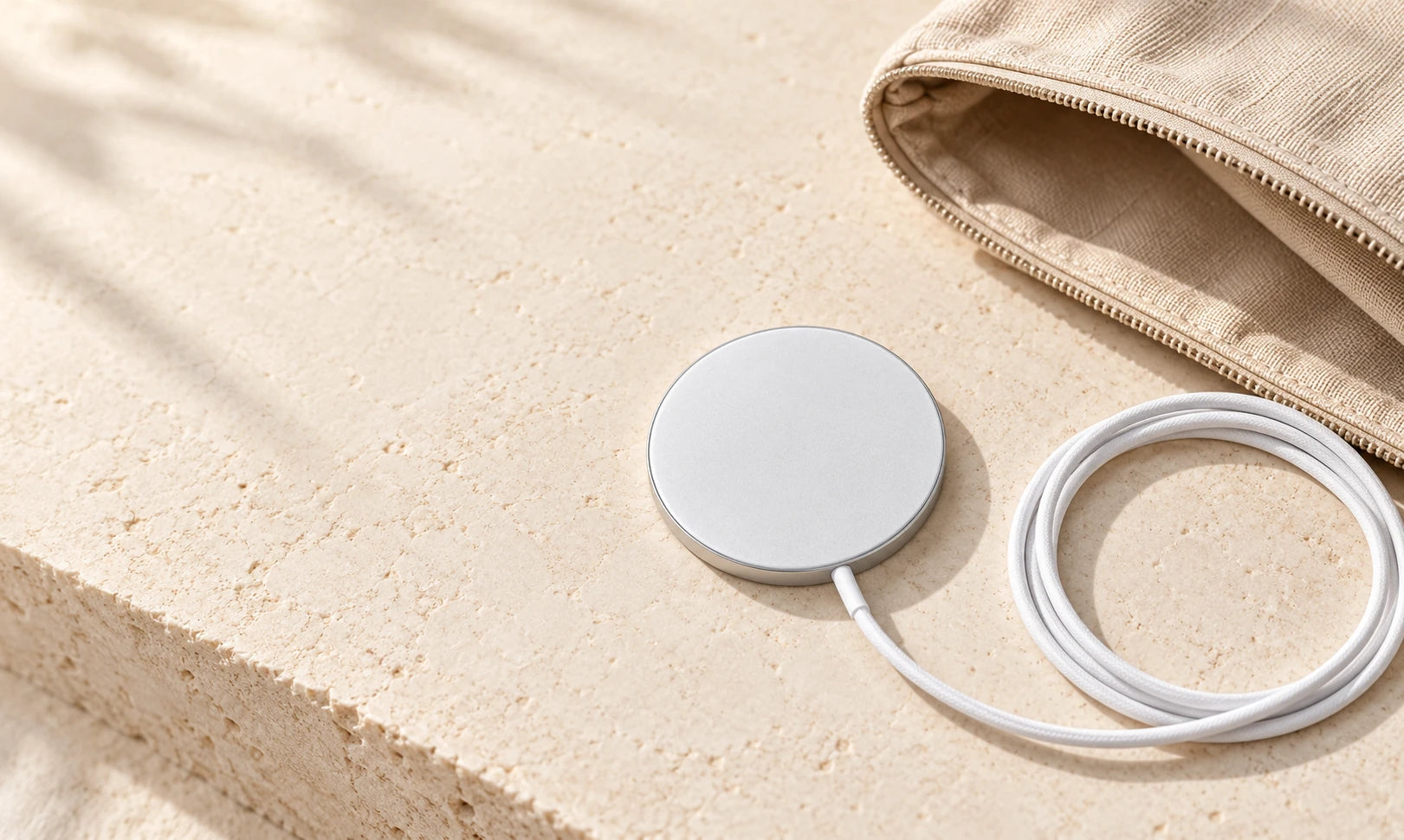 White magnetic charging puck with its cable beside a beige travel pouch.