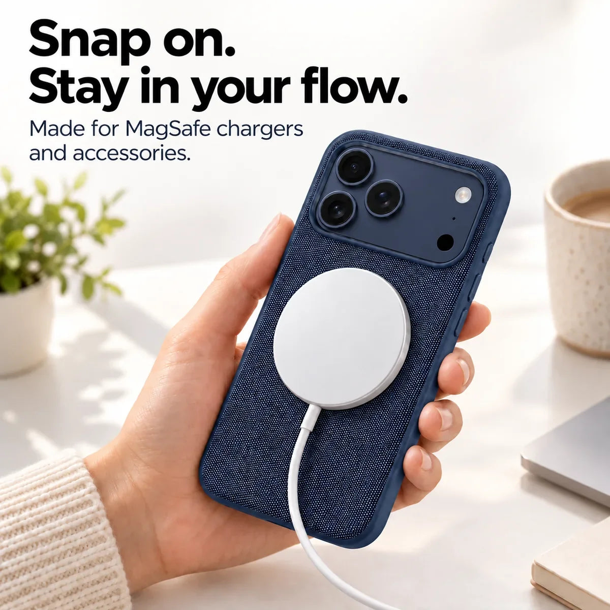 White magnetic charging puck attached to a Deep Blue woven phone case. #color_Deep Blue