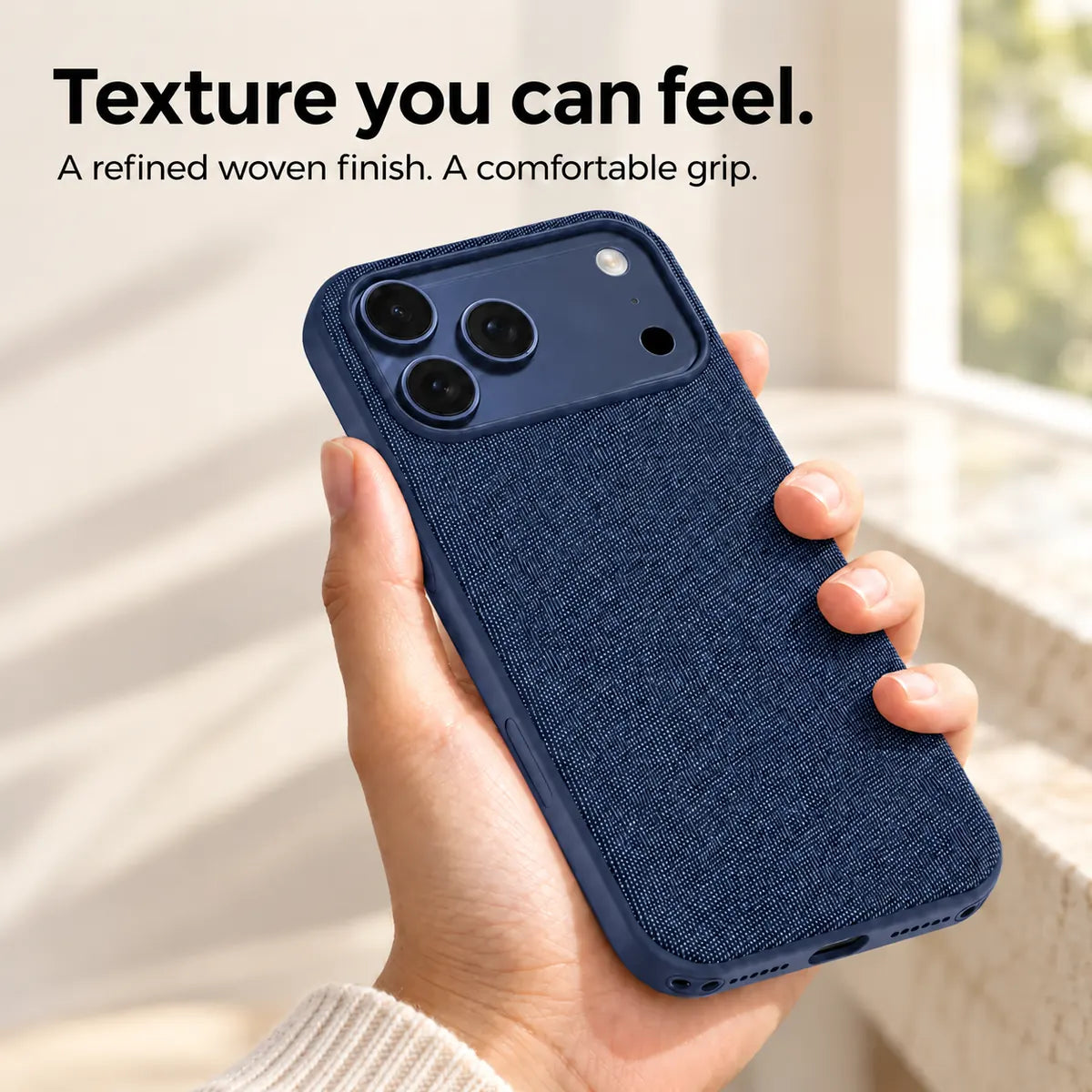 Hand holding a Deep Blue woven phone case, showing its textured fabric finish. #color_Deep Blue