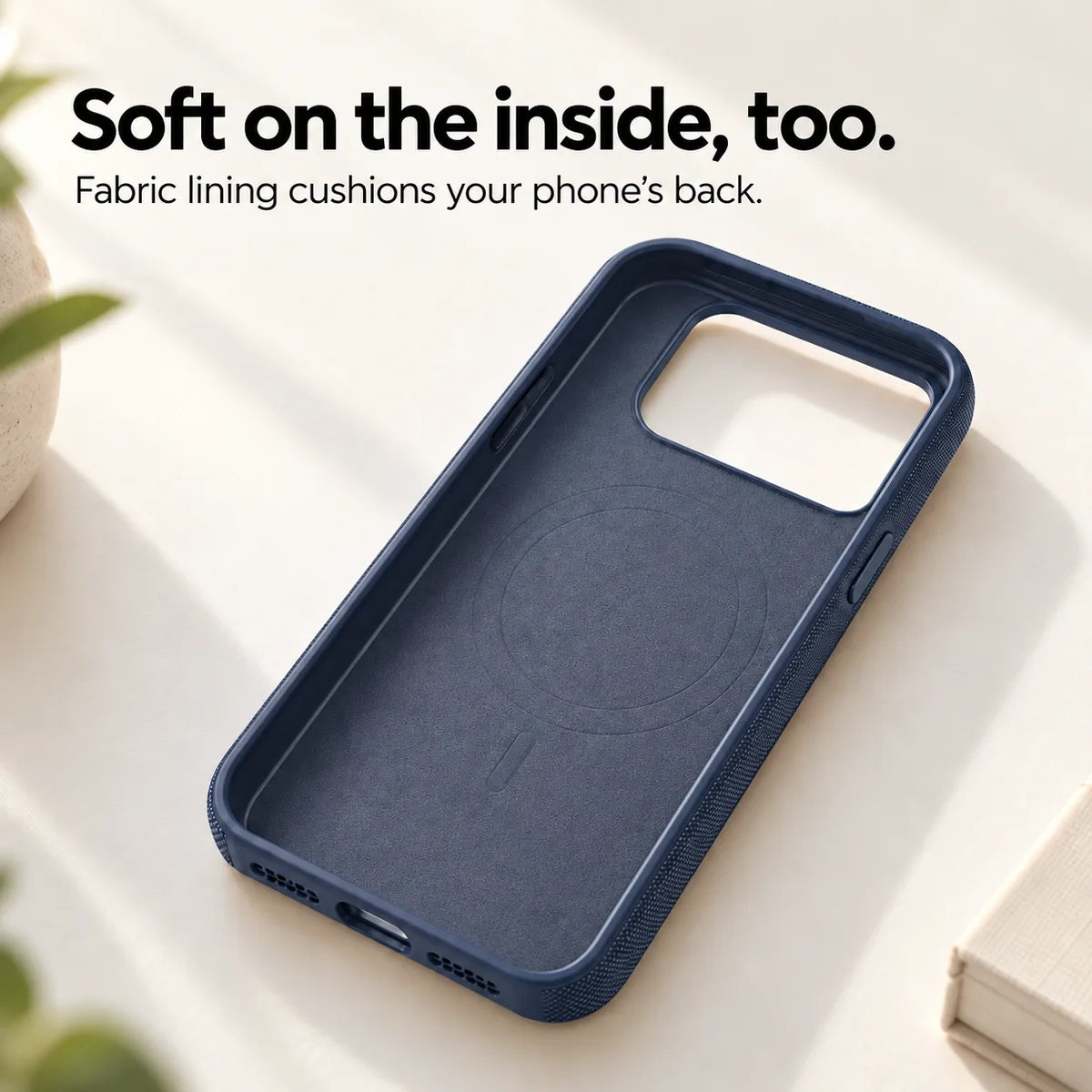 Soft fabric lining inside an empty Deep Blue phone case. #color_Deep Blue