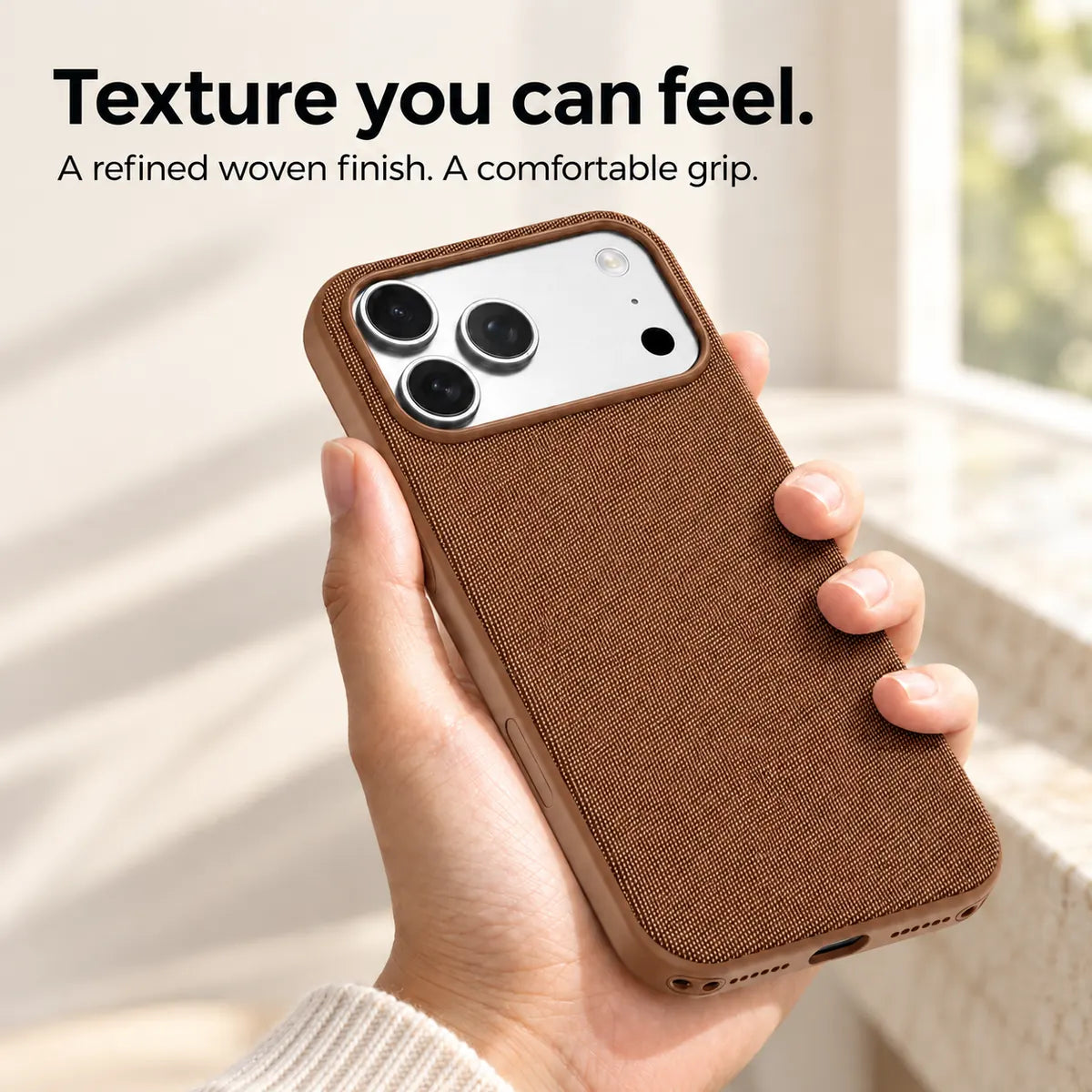 Hand holding an Umber Brown woven phone case, showing its textured fabric finish. #color_Umber Brown
