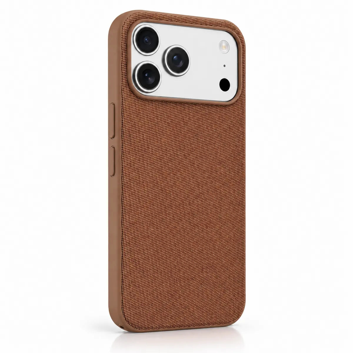 Woven phone case in Umber Brown, shown from the back on a silver phone. #color_Umber Brown
