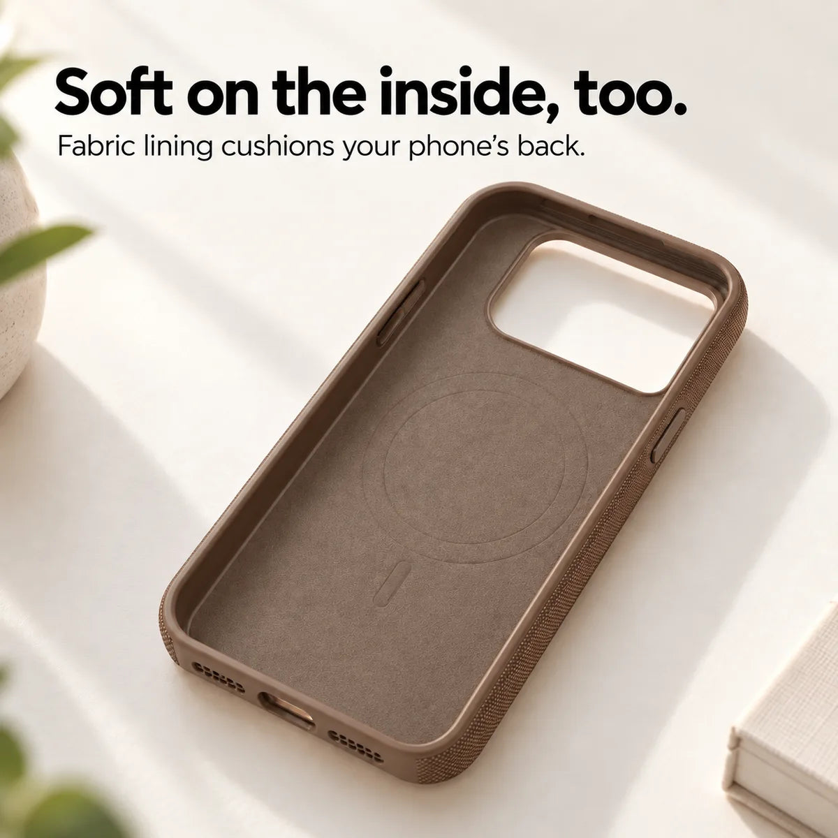Soft fabric lining inside an empty Umber Brown phone case. #color_Umber Brown