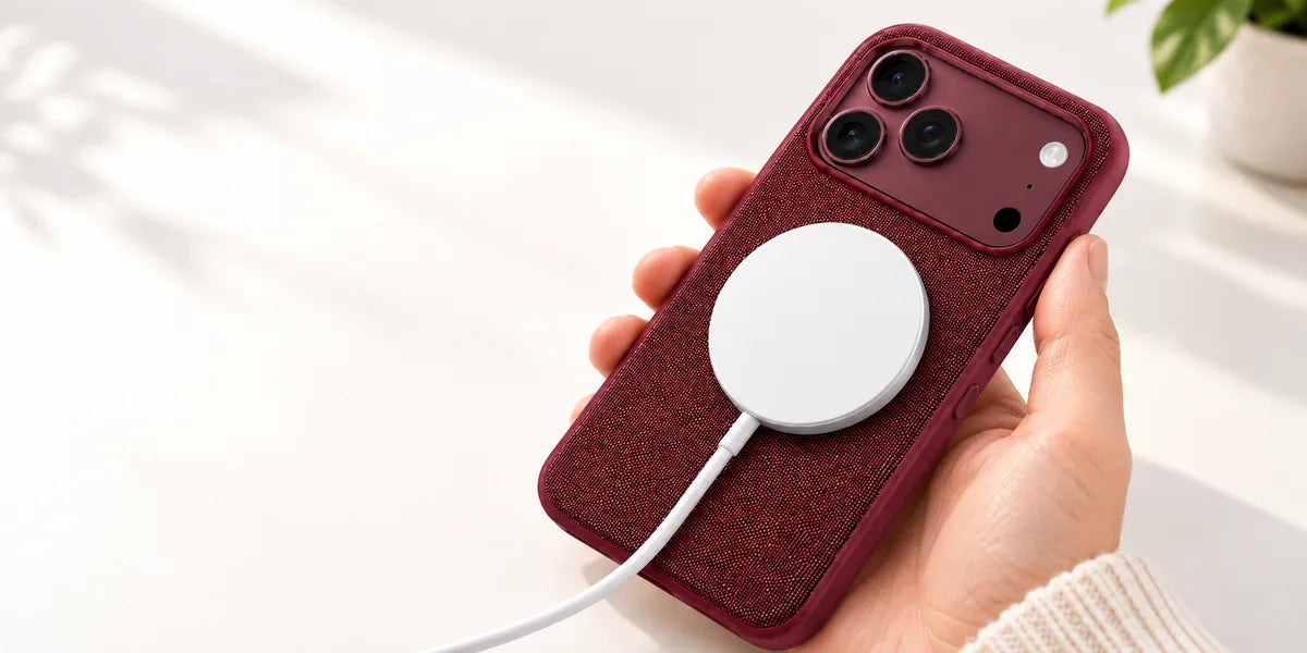 A white magnetic charger attached to the back of a Burgundy woven phone case.