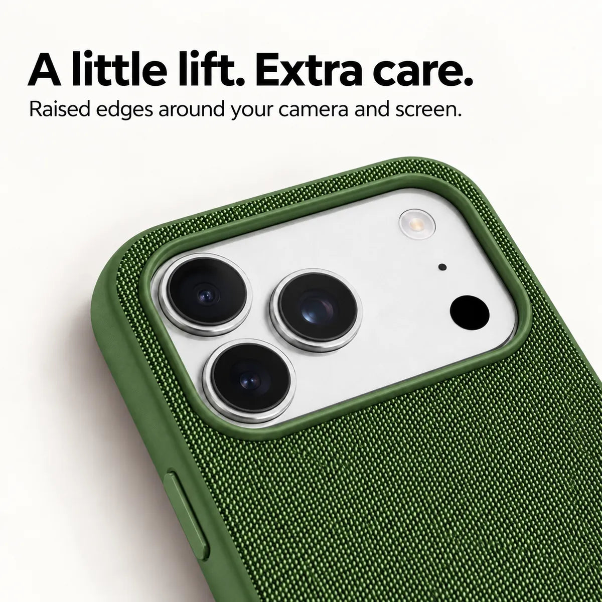 Close view of the raised camera surround and woven fabric on a Forest Green phone case. #color_Forest Green