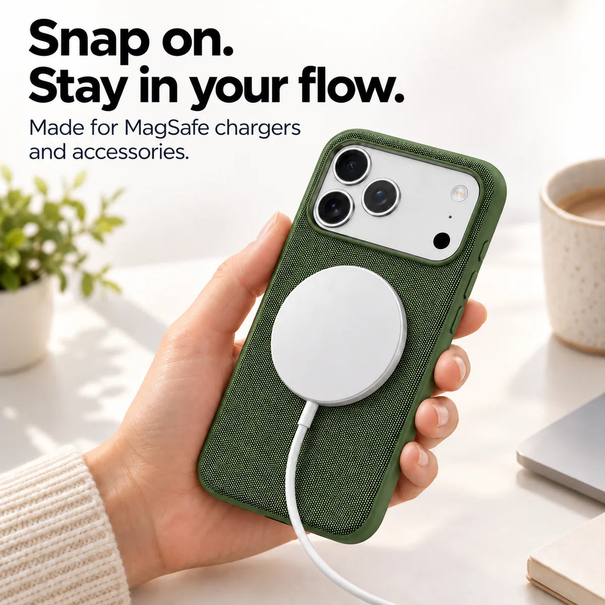 White magnetic charging puck attached to a Forest Green woven phone case. #color_Forest Green