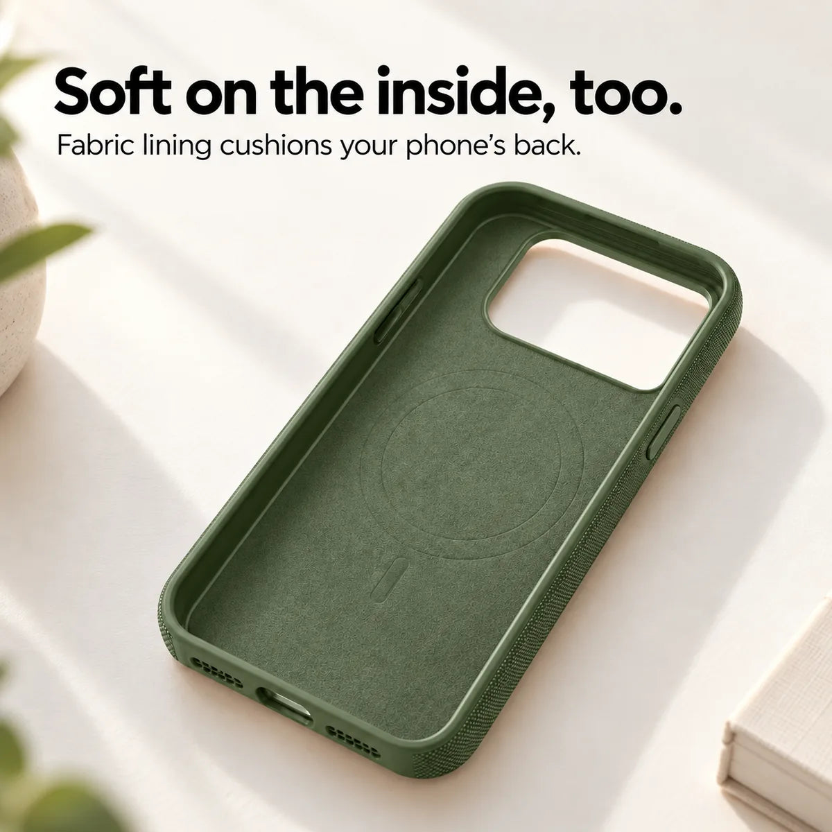 Soft fabric lining inside an empty Forest Green phone case. #color_Forest Green
