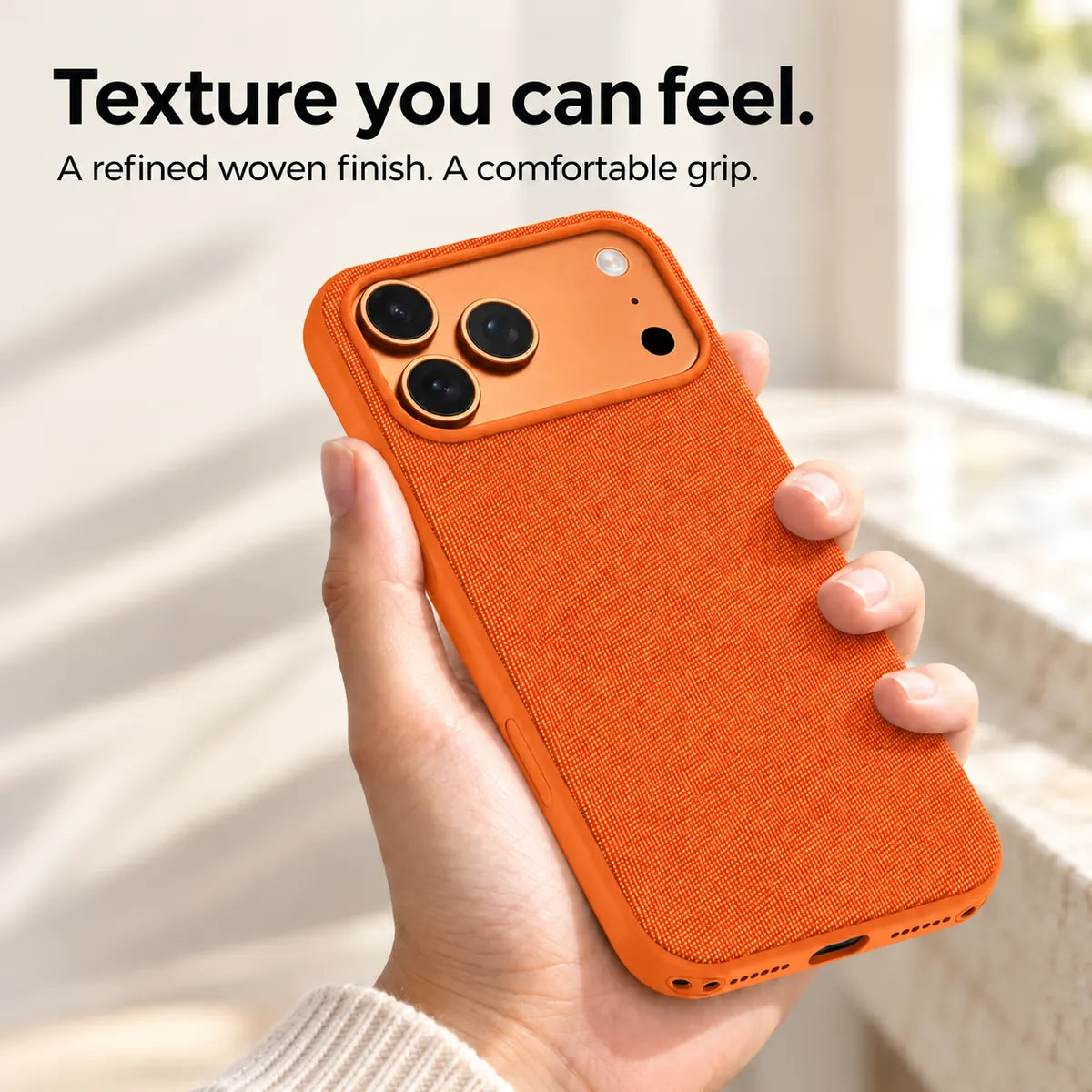 Hand holding a Cosmic Orange woven phone case, showing its textured fabric finish. #color_Cosmic Orange